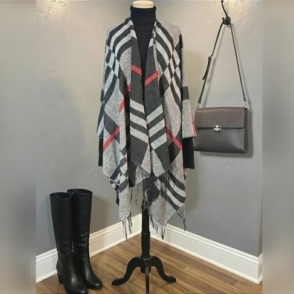 Plaid Shawl with Fringe Hem One Size Black Gray Red Winter Fall Cozy